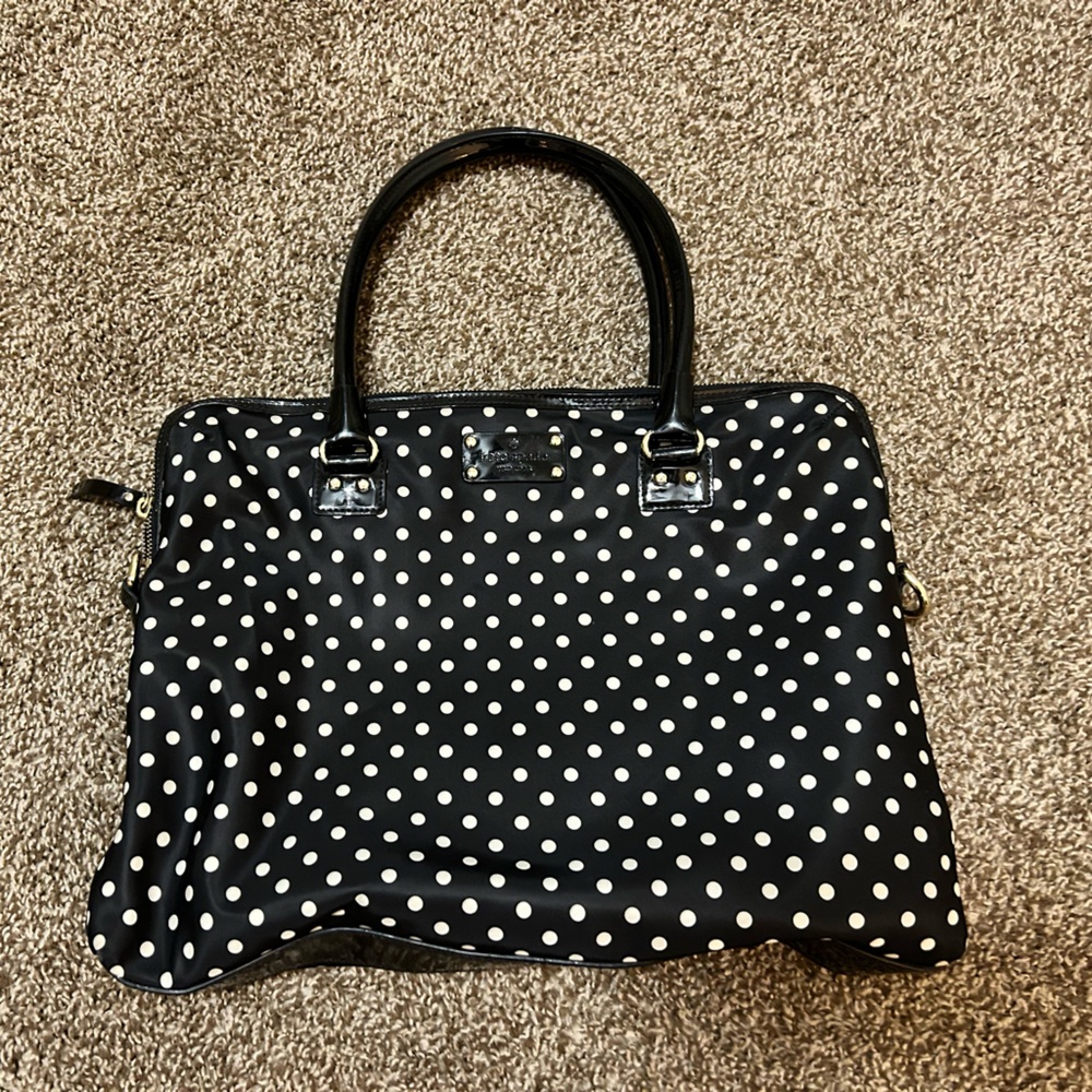 Kate Spade Calista Nylon Laptop Tote Bag, Leather Trim, Black Polka Dots